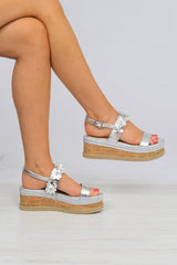 Silver Flower Flatform Ankle Strap Sandals - Rylen