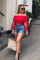 Red Bardot Sheer Embroidered Sleeve Crop Top - Ryley