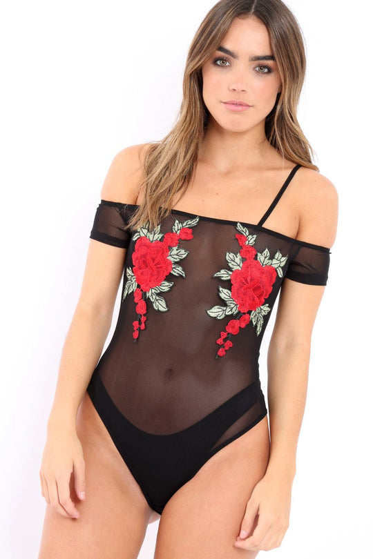Black Mesh Flower Applique Bodysuit - Sabella