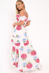 White Floral Frill Wrap Cold Shoulder Dress -Sabria