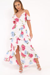 White Floral Frill Wrap Cold Shoulder Dress -Sabria