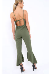 Khaki Cropped Frill Hem Jumpsuit - Sadey