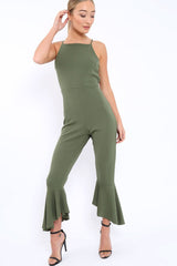 Khaki Cropped Frill Hem Jumpsuit - Sadey