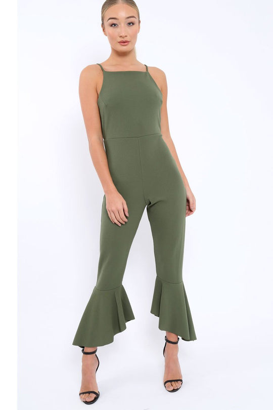 Khaki Cropped Frill Hem Jumpsuit - Sadey