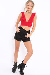 Red Plunge Ruffle Crop Top With Cut Out Back - Nia