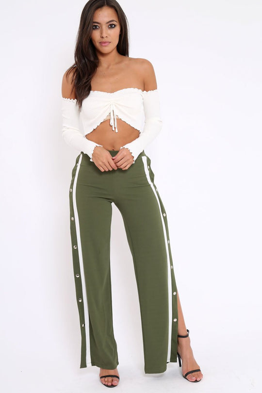 Khaki Side Popper White Stripes Trousers - Sady