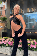 Black Satin Bandana Halterneck Crop Top - Charlise