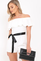 White Bardot Frill Belted Playsuit - Saffron