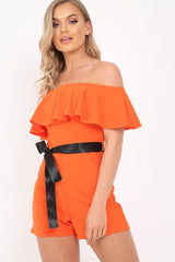 Orange Bardot Frill Belted Playsuit - Saffron