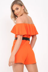 Orange Bardot Frill Belted Playsuit - Saffron