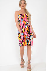 Multi Coloured Print Shirred Bandeau Dress  - Safreen