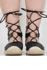 Black Glitter Lace Up Espadrilles - Sahara