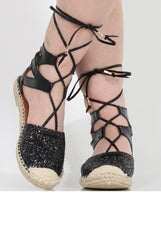 Black Glitter Lace Up Espadrilles - Sahara