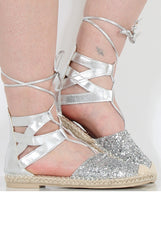 Silver Glitter Lace Up Espadrilles - Sahara