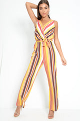 Mustard And Beige Plunge Wide Leg Jumpsuit - Saidi