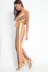 Mustard And Beige Plunge Wide Leg Jumpsuit - Saidi