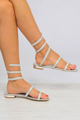 Silver Spaghetti Pearl Sandals - Saidy