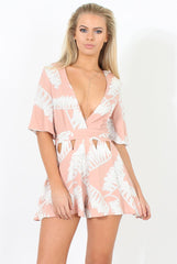 Floral Coral Plunge Cut Out Playsuit - Sally