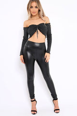 Black Sparkly Gathered Middle Bardot Crop Top - Sally