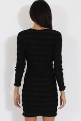 Black Textured V Neck Bodycon Dress - Salome