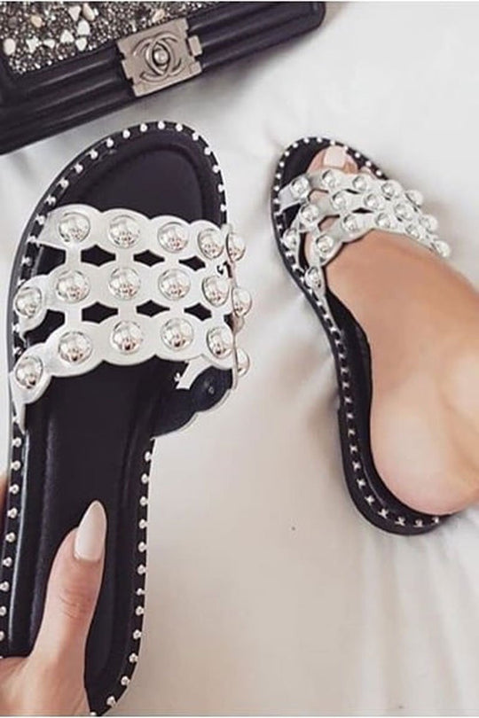 White Studded Open Toe Sandals - Samani