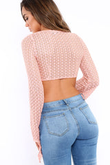 Pink Metallic Crochet Lace Up Flare Sleeve Crop Top - Samantha