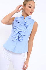 Blue Sleeveless Ruffle Shirt - Samarra