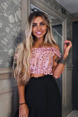 Light Pink Polka Mesh Frill Bardot Crop Top - Wrenlee