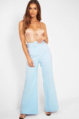 Blue Tailored Wide Leg Belted Trousers - Chenelle