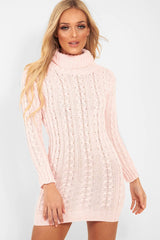 Pink Cable Knit Roll Neck Jumper Dress - Matilda