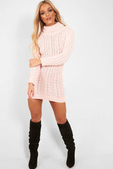 Pink Cable Knit Roll Neck Jumper Dress - Matilda