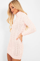 Pink Cable Knit Roll Neck Jumper Dress - Matilda
