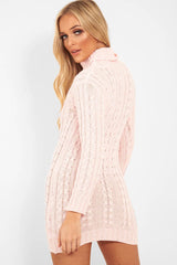 Pink Cable Knit Roll Neck Jumper Dress - Matilda