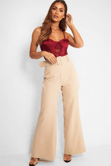 Beige Tailored Wide Leg Belted Trousers - Chenelle