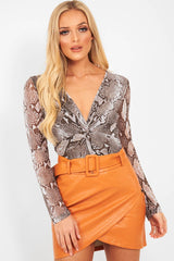 Grey Snake Plunge Sheer Sleeve Bodysuit - Ilianna