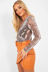 Grey Snake Plunge Sheer Sleeve Bodysuit - Ilianna