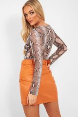 Grey Snake Plunge Sheer Sleeve Bodysuit - Ilianna