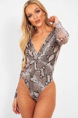 Grey Snake Plunge Sheer Sleeve Bodysuit - Ilianna