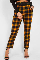 Yellow Check Belted Tapered Trousers - Reanne