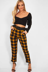 Yellow Check Belted Tapered Trousers - Reanne