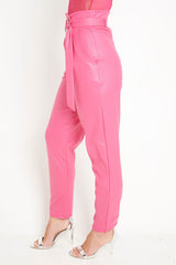 Pink Coated Belted Tapered Trousers - Reyna