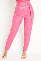 Pink Coated Belted Tapered Trousers - Reyna