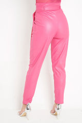 Pink Coated Belted Tapered Trousers - Reyna