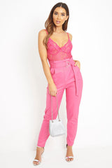 Pink Coated Belted Tapered Trousers - Reyna