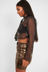 Black Sheer Button Front Crop Blouse - Damari
