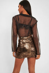 Black Sheer Button Front Crop Blouse - Damari