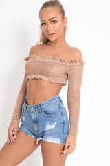 Rose Gold Metallic Bardot Frill Crop Top - Bindi