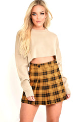 Mustard Check Button Front Pleated Skirt - Laela