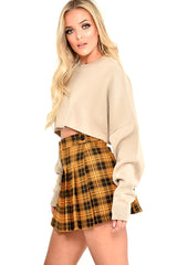 Mustard Check Button Front Pleated Skirt - Laela