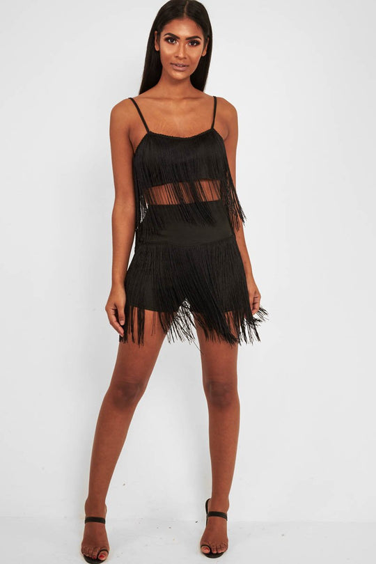 Black Fringe Crop Top Shorts Co-Ord - Lylith